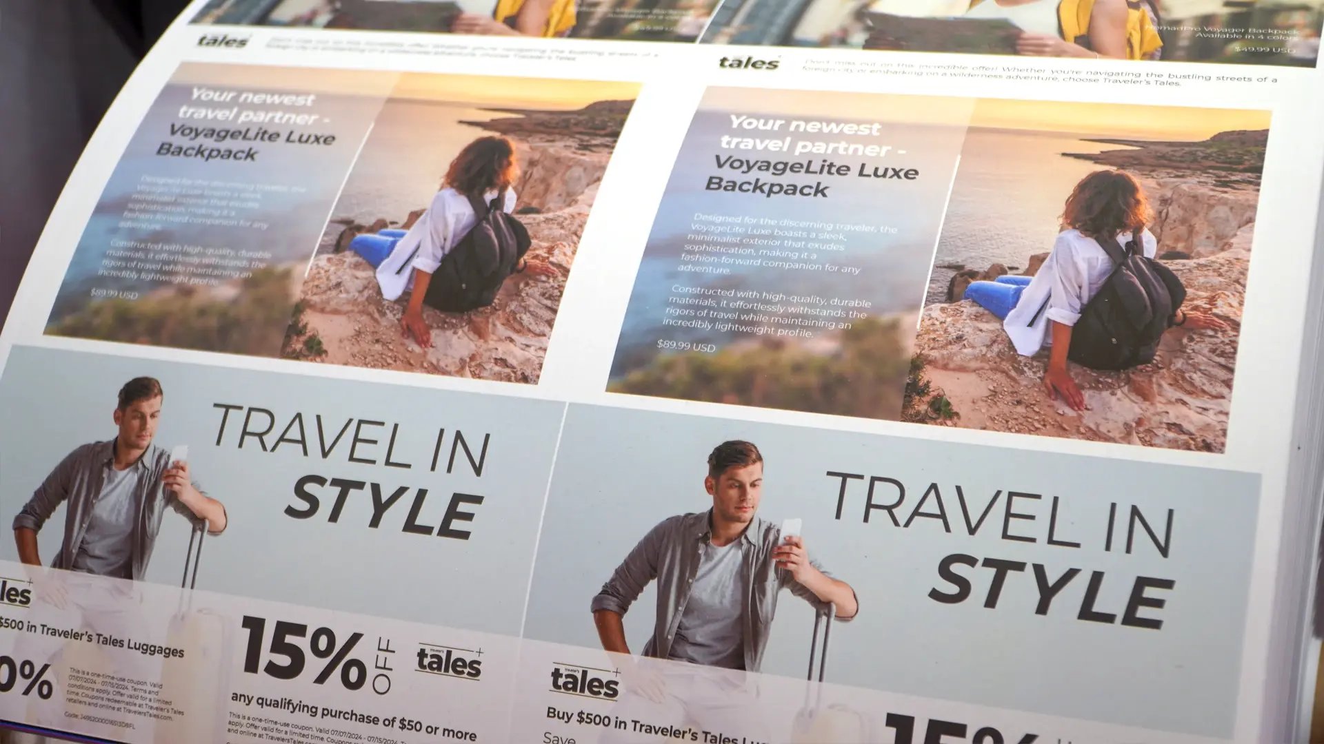 Direct mail printed sample of a woman sitting on the ground with a backpack